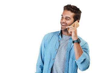Network, phone call and man with a smile, conversation and model isolated on a transparent...