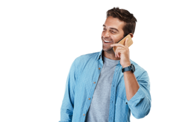 Network, phone call and man with a smile, conversation and model isolated on a transparent background. Internet, cellphone and guy with happiness, communication and contact with png and connection