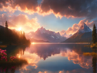 Sunrise over a lake in the high mountains, Epic landscape, Generative AI
