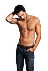 Fototapeta premium Thinking, fitness and shirtless strong man isolated on transparent background for muscle in Italy. Body health, proud model or cool topless male bodybuilder on png for workout, training or wellness