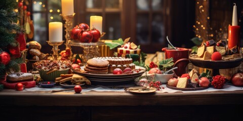 Fototapeta na wymiar Show a photo of a festive table with various dishes and decorations for Christmas