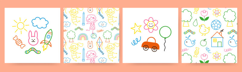 Children cartoon seamless pattern, square card doodle style set. Kid art collection cute animal characters, nature, playful elements. Vector illustration on white background