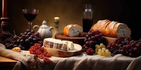 Show a photo of a still life with aromatic bread, cheese and grapes.