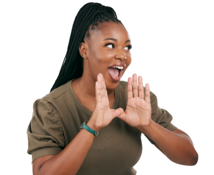 Happy, excited and news with black woman and shouting on png for wow, secret and announcement. Promotion, information and gossip with person isolated on transparent background for voice and surprise