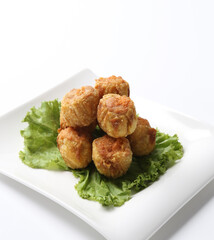 deep fried pork chicken siew mai meat ball dim sum in plate on white background appetiser food snack halal menu for Hong Kong cafe