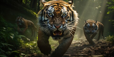 Fototapeta na wymiar Image of tigers running through exotic Asian forests
