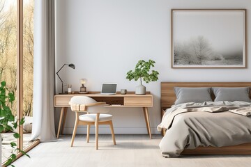 Modern home office with wooden desk Bedroom and office chair against a white wall. The Scandinavian interior design of the modern living room with a comfortable workplace