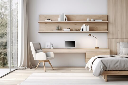 Modern home office with wooden desk Bedroom and office chair against a white wall. The Scandinavian interior design of the modern living room with a comfortable workplace