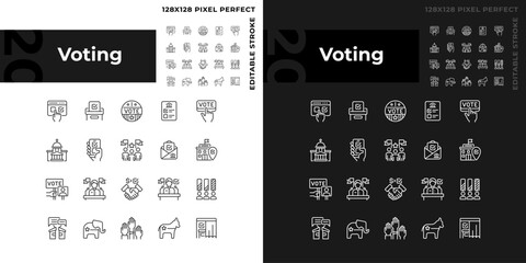 Pixel perfect voting linear icons set for dark and light mode, isolated vector illustration representing election, editable symbols for night and day theme