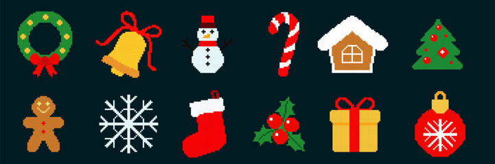 Collection of Christmas icon in pixel art style. Pixel Christmas icon. Pixel art Christmas elements clip art pack. Vector illustration.