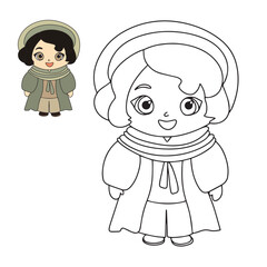 Cute girl for coloring book. Doll in retro style. Children coloring page. Vector illustration.