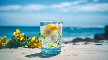 beautiful drinks with flowers on the beach background with relaxing and fun sunny days at the sea, sand, sky, beach ; summer vacation holiday theme for your design projects