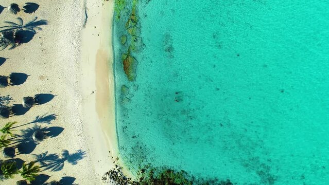 Bird's eye view top down pan across white sandy beach bungalows, palapas and clear blue ocean water on Daaibooi beach in Curacao