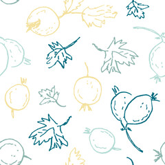 Colorful grunge seamless pattern with gooseberry berries. Perfect print for tee, paper, textile and fabric. Hand drawn vector illustration.