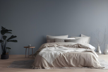 Cozy Bedroom Wall Mockup, Neutral Colors, Tones of Grey, Minimalist Boho Interior Design, Generative AI