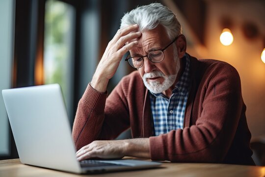 Tired senior man with a headache using laptop at the home office and looking anxious.