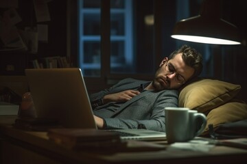 Exhausted man sleeping at workplace. 