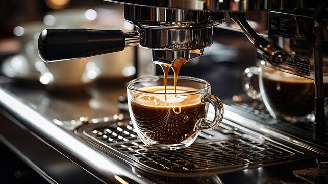 Espresso coffee machine making coffee liquid into the cup with cozy mood in the morning at home, restaurant, cafe or coffee shop background. lifestyle concept for coffee and tea collection.