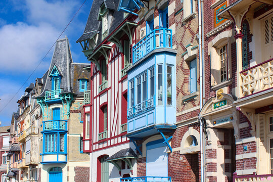 Typical facades on the seaside of Mers-les-Bains, limit of Hauts-de-France and Normandy. France