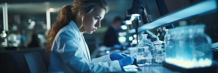Female scientist works in modern medical lab, generative AI