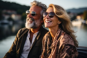 Caucasian perfect couple sitting on yacht deck while sailing in the sea. Luxury travel concept....