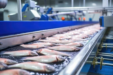 Foto op Canvas Raw sea fish on a factory conveyor. Production of canned fish. © Anoo
