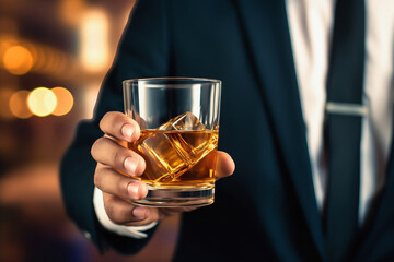 A businessman holds a glass of whiskey with ice in his hands. Close-up. Dark blurred background. Business negotiations with a glass of alcohol.