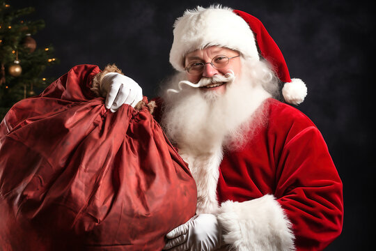 Happy Santa Claus with a big bag of gifts for children. Merry Christmas. New Year's Eve concept. Bright image of Santa for advertising and design.