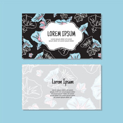 Business card template, flowers and leaves seamless pattern vector design. Double-sided creative business card template. Landscape orientation. Vector illustration.