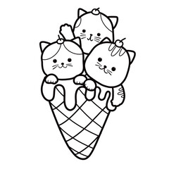 Hand drawn kawaii cat ice cream. ice cream with three different balls in the form of round kittens in the waffle cone , cherry on head cat.