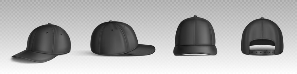 Black isolated baseball cap vector mockup template. 3d realistic hat with visor men sport clothes design mock up icon. Empty corporate leather or cotton headdress wear model layout clipart pack.
