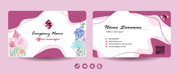 Creative Business Card Template Design, Name card , Floral pink and white name card, watercolor style