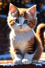 Fototapeta premium Cute fluffy beautiful striped kitten sitting, wet cat playing with water.