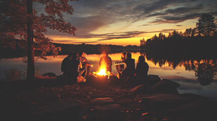 Group of friends rest near fire on lake, faint silhouettes of surrounding trees. Candid and heartwarming atmosphere, evoking the essence of autumn camping rest in wild. Banner. Generative Ai content.