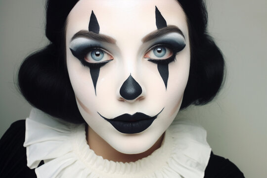 Woman's face with black and white Halloween Pierrot costume makeup