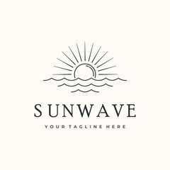 nature tropical sun wave line art logo vector minimalist illustration design, landscape view of sun wave logo design