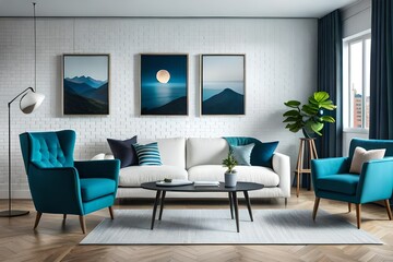 White sofa and blue armchair in living room with posters on the wall.