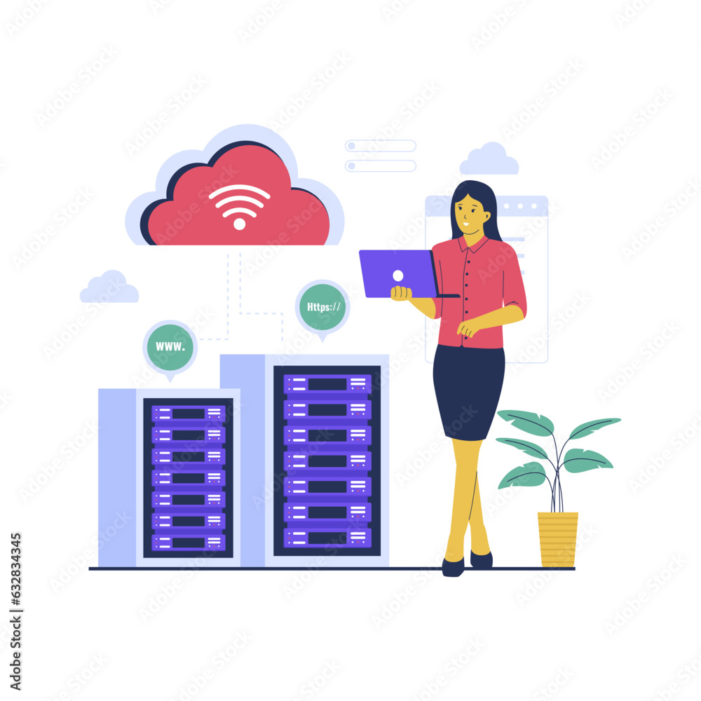 Wall mural concept illustration of cloud hosting technology. flat vector illustration isolated on white backgro