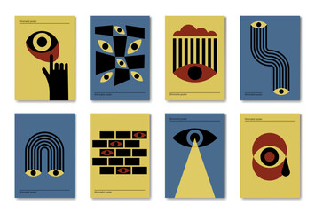 Set of geometric minimalist bauhaus posters. Wall art. Vector illustration. Retro eyes design in yellow, blue, red and black colors.