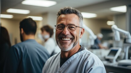 Obraz premium Dentist who specializes in dental implants in his office, surrounded by various medical instruments and equipment. Generative AI