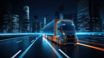 Fototapeta premium Truck Driving on the Road with Sensors Scanning, Futuristic Autonomous Truck, Self Driving Truck. Generative Ai