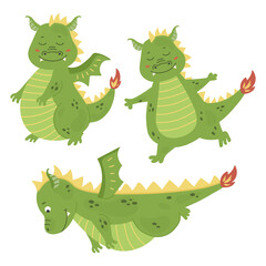 Cartoon green dragon set, baby dinosaur for kids