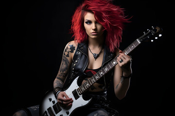 Fototapeta na wymiar Punk girl rock style, happy punk girl, surprised face, musician, black leather jacket, guitar, playing guitar