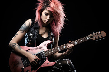Punk girl rock style, happy punk girl, surprised face, musician, black leather jacket, guitar, playing guitar