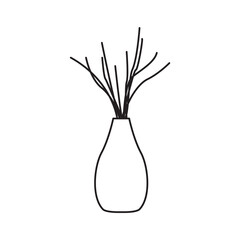 Twig in vase icon, different doodle outline wild plants, herbs, twigs, berries in vases, pots, jars isolated on white background.