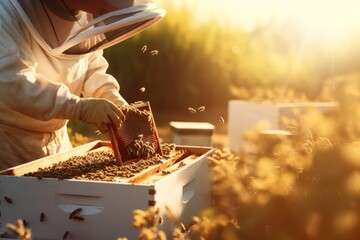 Beekeeper is working with bees in apiary - obrazy, fototapety, plakaty