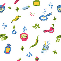 Seamless pattern appetizing food, soup, bowl, scrambled eggs, vegetables, drinks