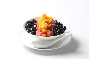 chilled mango and watermelon fruit snow ice blended with boba bubble pearl and herbal grass jelly in white bowl sweet soup dessert halal food vegan menu for Hong Kong cafe