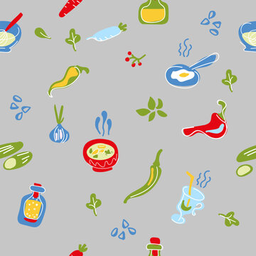 Seamless pattern appetizing food, soup, bowl, scrambled eggs, vegetables, drinks