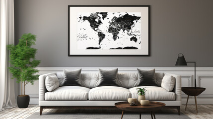 Global Perspective: Minimalistic Black and White World Map Adorning the Living Room Wall. Generative AI